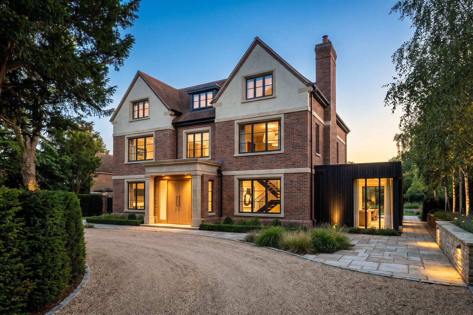About Us 1 A brick and stone country residence at dusk, of the standard DSB Premier Construction builds to