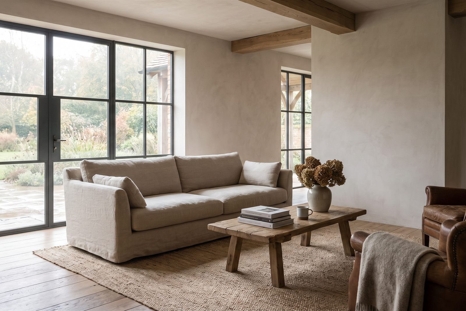 A calm living space with full-height steel glazing opening to the garden
