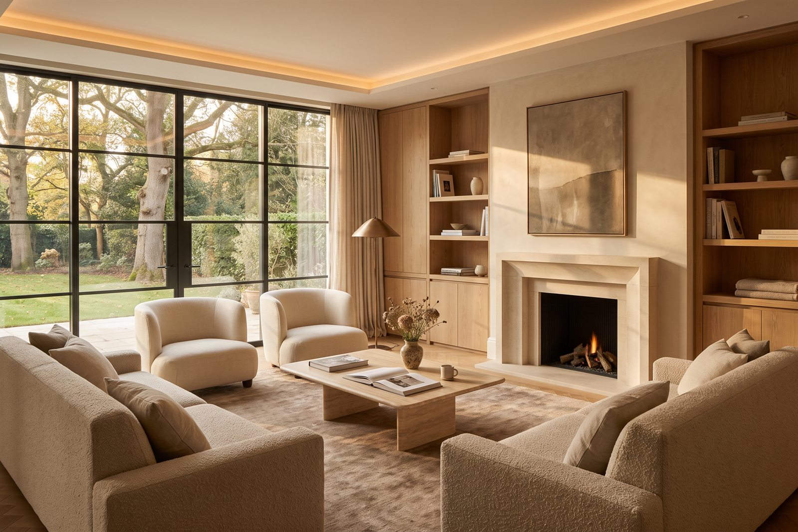 A warm, refined living room with a stone fireplace and built-in oak joinery