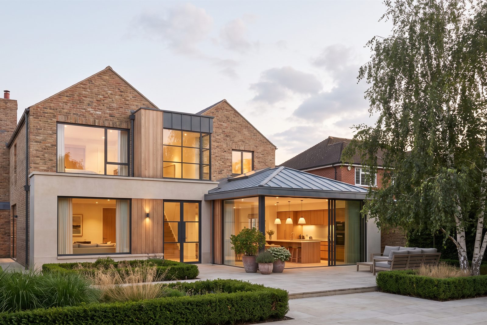 A landscaped terrace and garden alongside a contemporary home