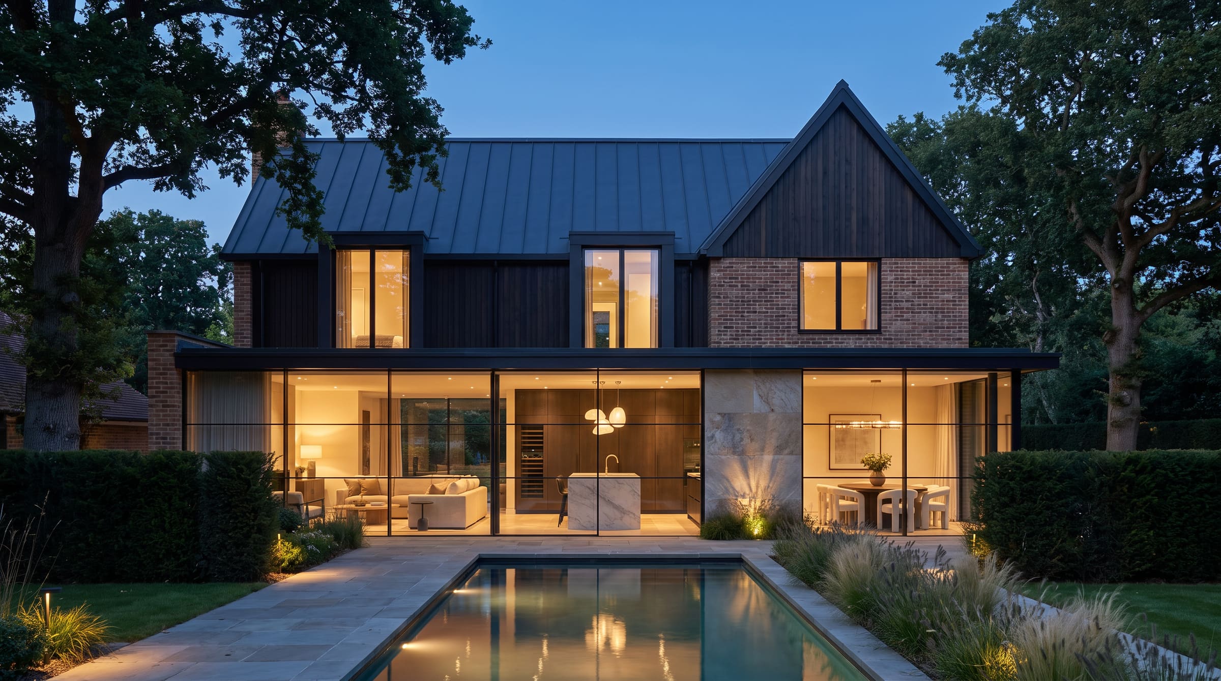 Luxury renovation at dusk