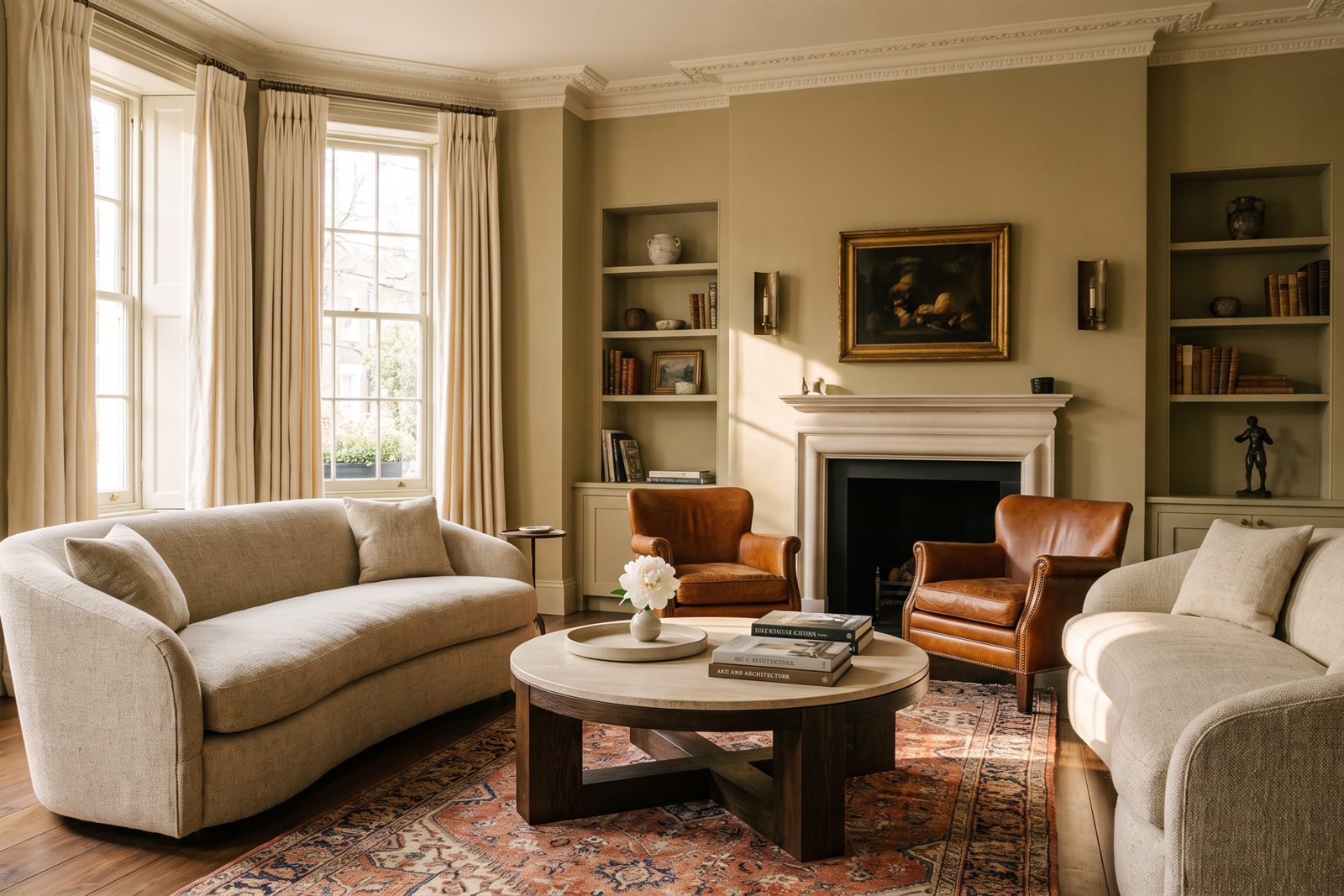 A refined drawing room with a marble fireplace and tall shuttered windows