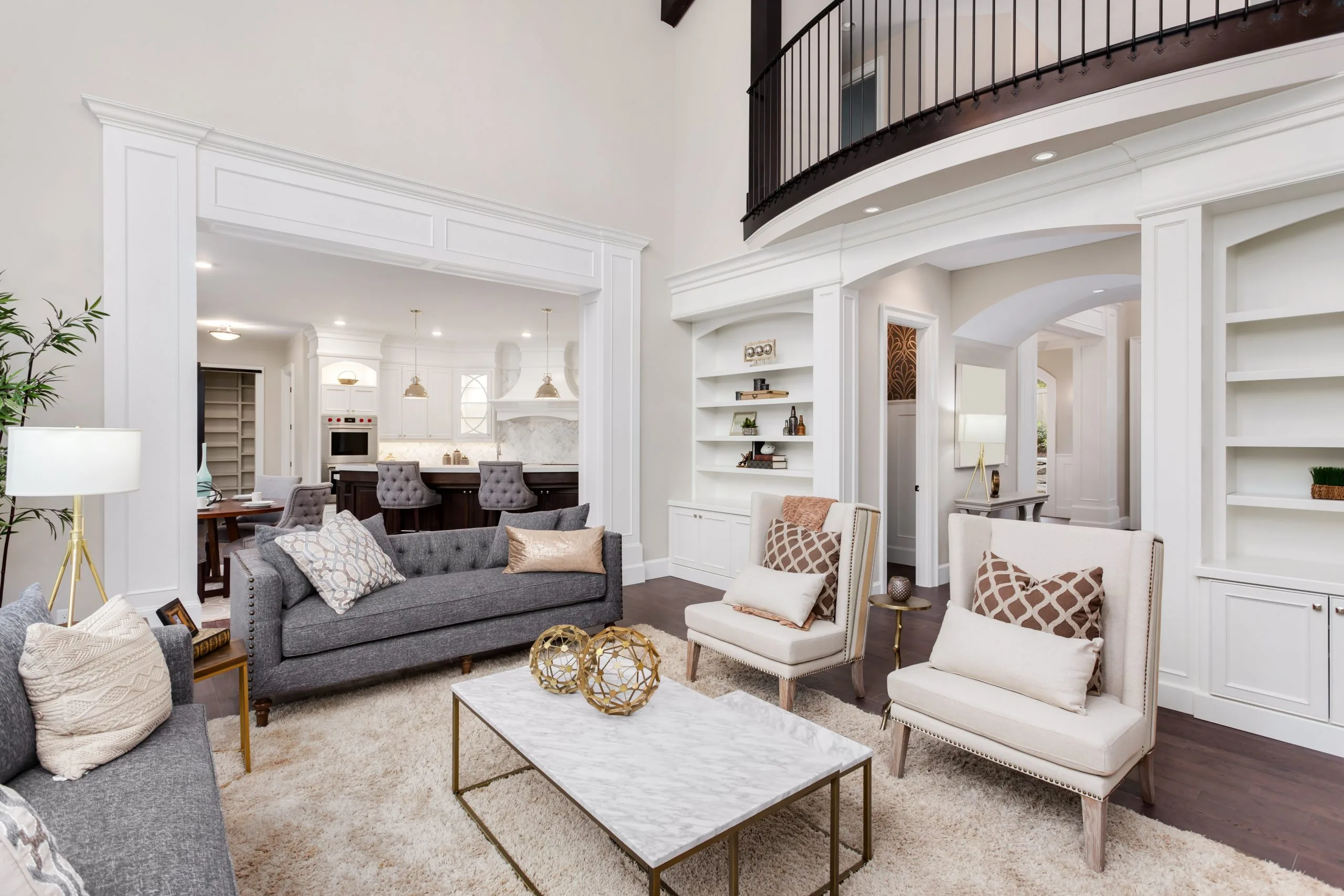 Beautiful living room interior with hardwood floors and fireplace in new luxury home